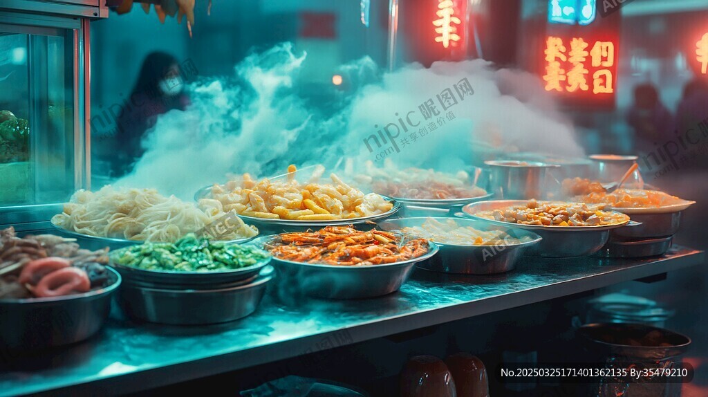 夜市熱氣騰騰的美食攤位