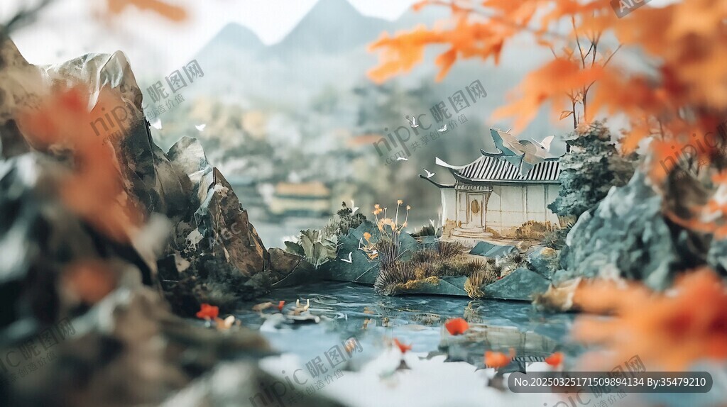 秋景中式山水間的古韻小筑