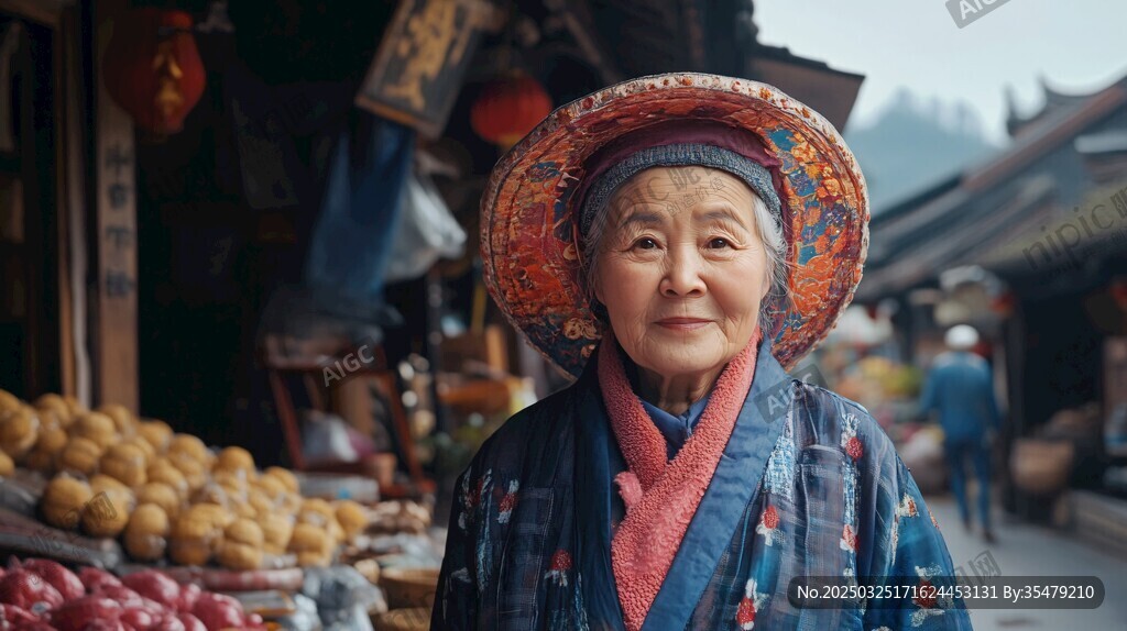 古鎮(zhèn)戴花帽的傳統(tǒng)服飾老人