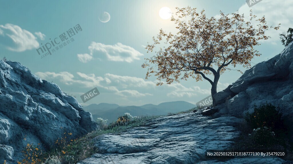 孤樹(shù)屹立于山間壯美風(fēng)景