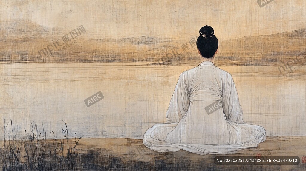 女子湖畔靜坐賞景