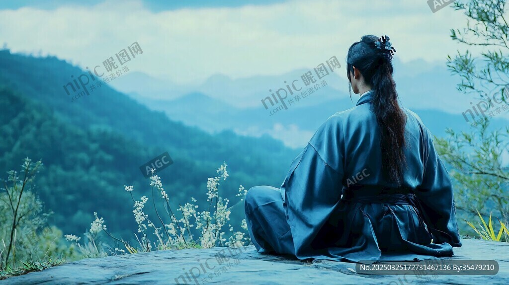 古裝俠客靜賞山間美景