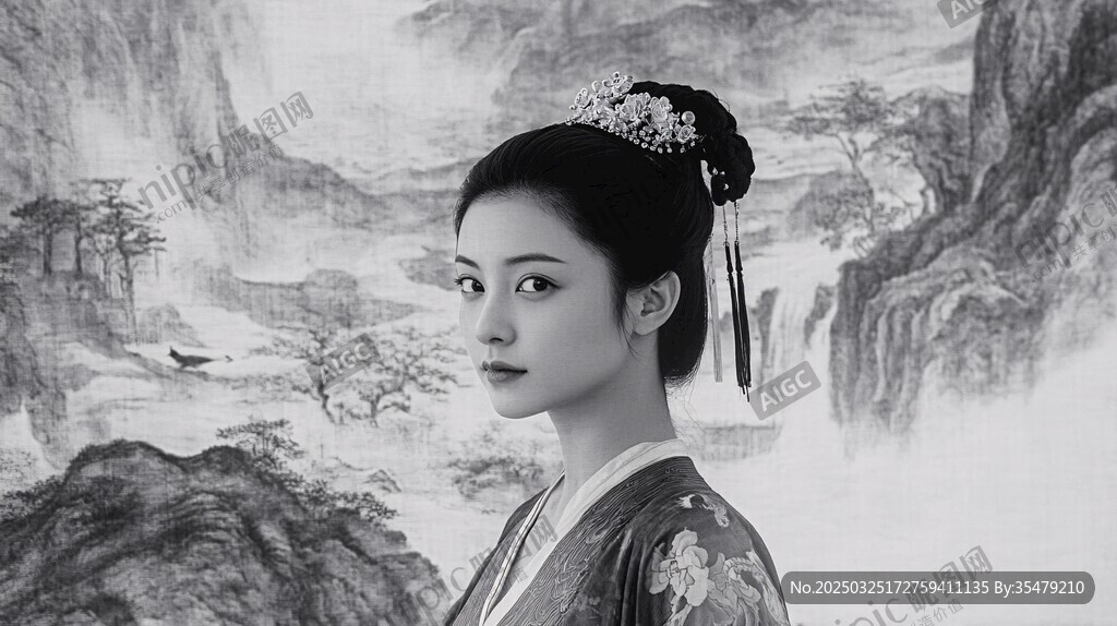 古風佳人著華服倚山水
