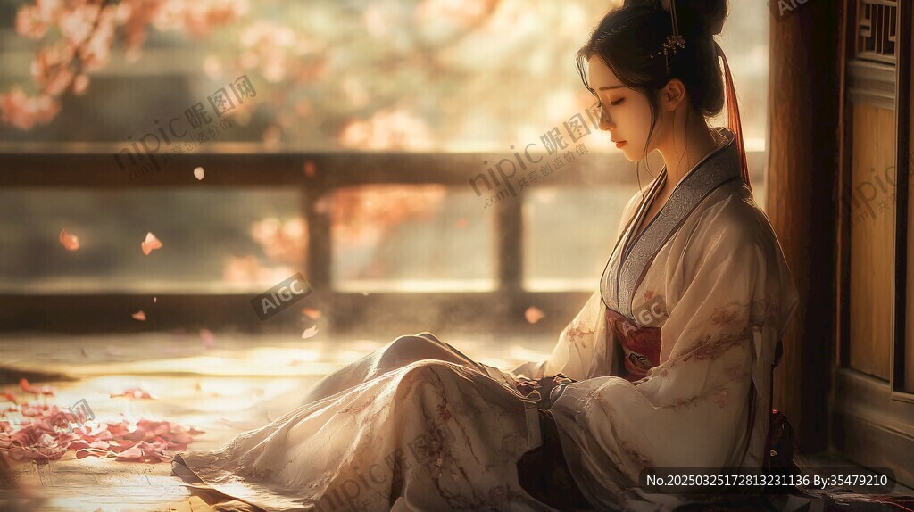 古風女子靜賞落花之美