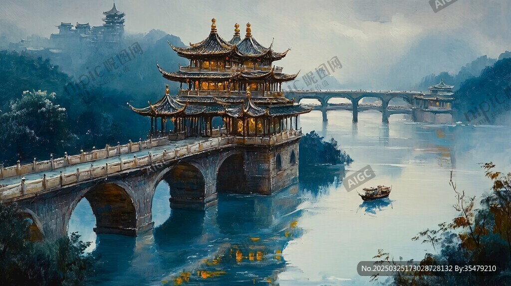 古風(fēng)山水間的樓閣石橋美景