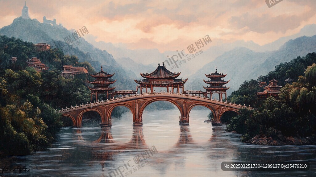 古風橋畔山水間的詩意景致