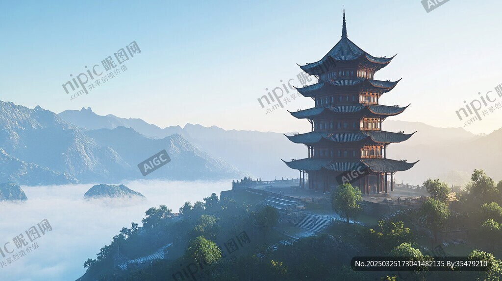山間古塔樓云霧繚繞之景