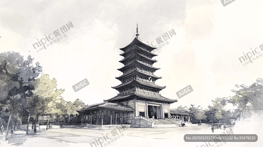 水墨風格古塔景觀圖