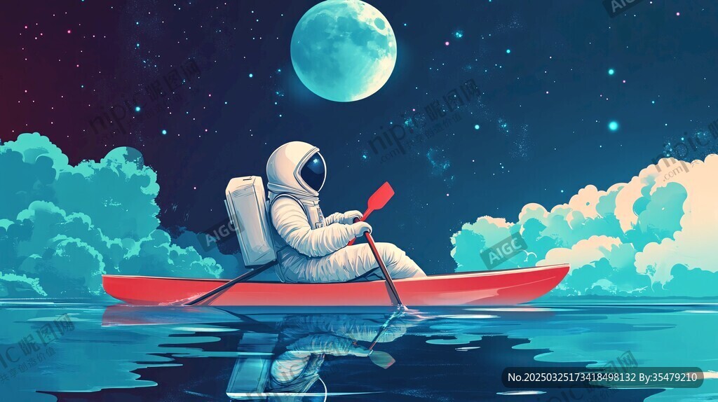 宇航員月夜泛舟奇幻景象