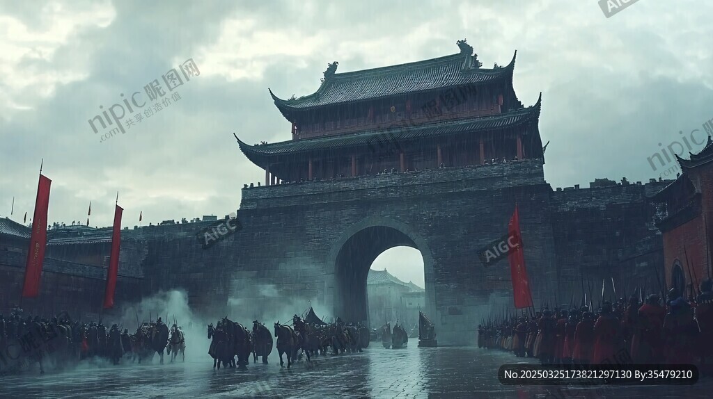 古代城門出征場景