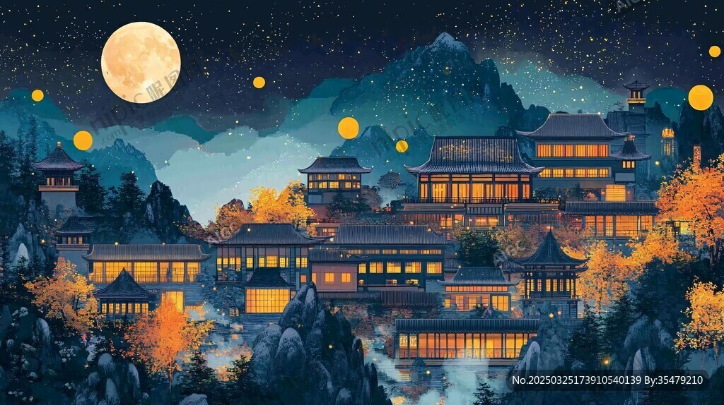 月夜下的古風樓閣美景