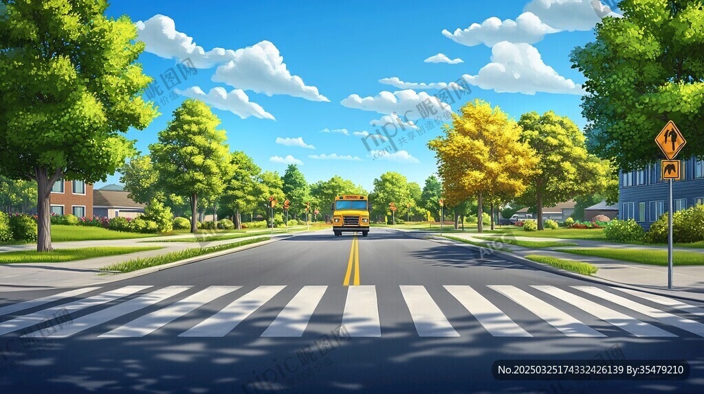 鄉(xiāng)村路口的清新校車(chē)風(fēng)景