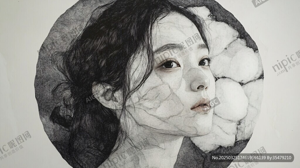 女孩圓形素描頭像藝術(shù)感