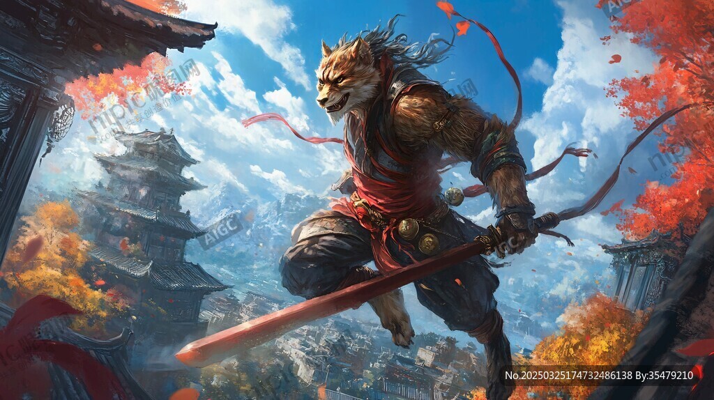 靈猴持劍飛躍古風(fēng)場景