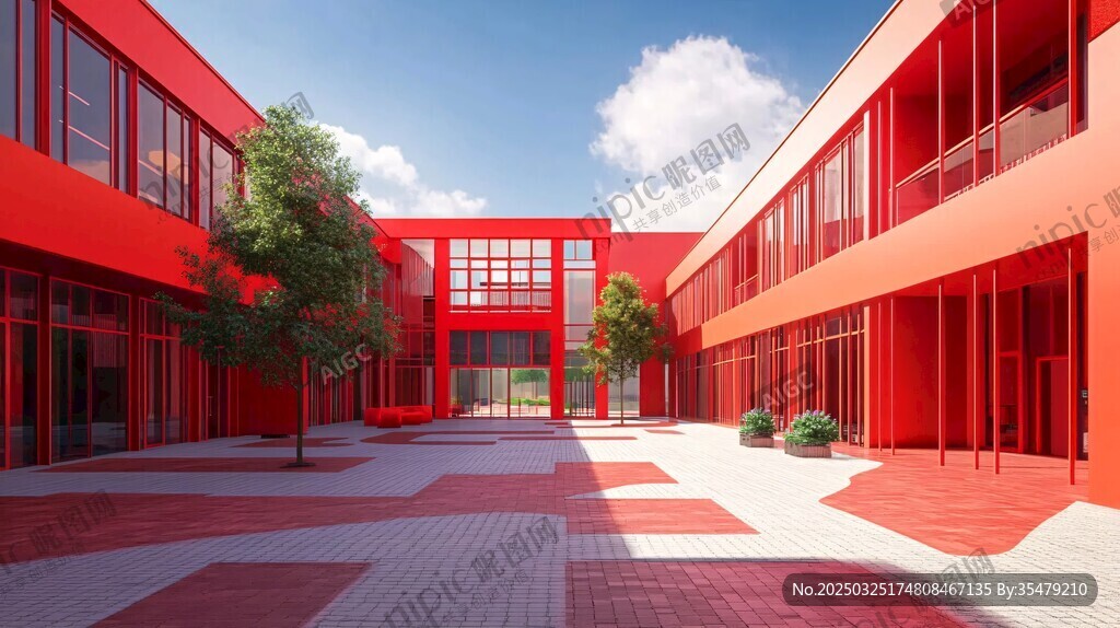 紅色現(xiàn)代庭院建筑景觀