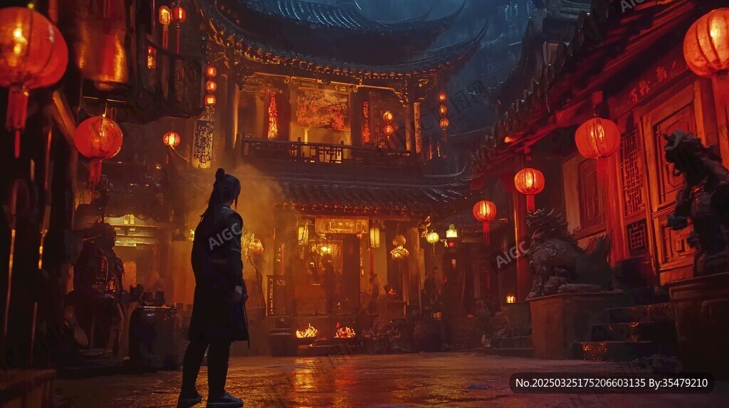 古巷夜色中的孤獨(dú)身影