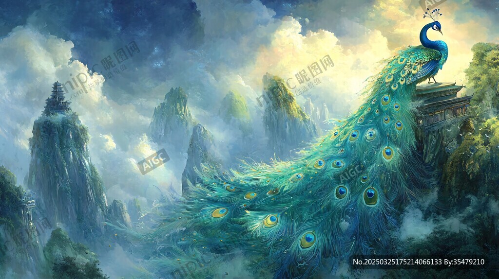 夢幻孔雀立于山水云霧間