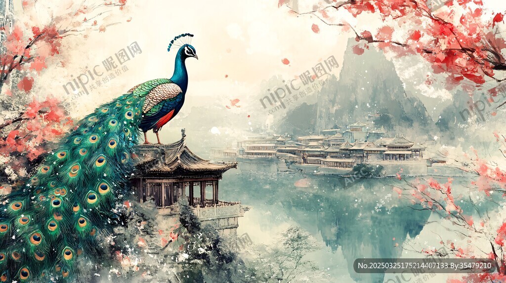 孔雀立于中式山水美景間
