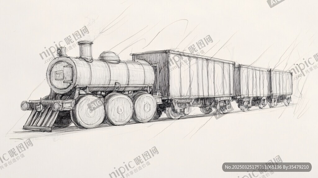 手繪老式蒸汽火車(chē)及車(chē)廂