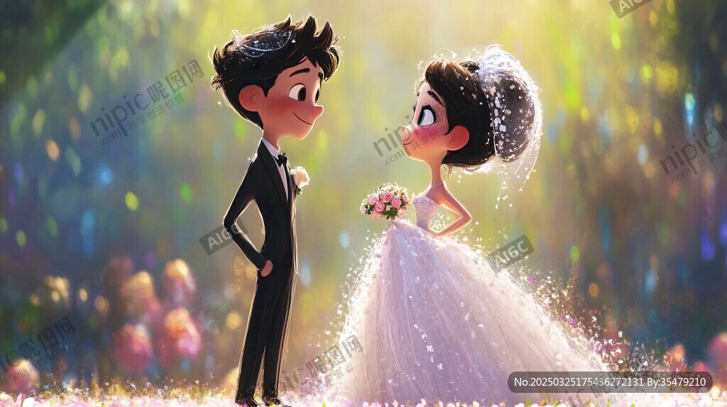 浪漫動畫婚禮中的新人對視