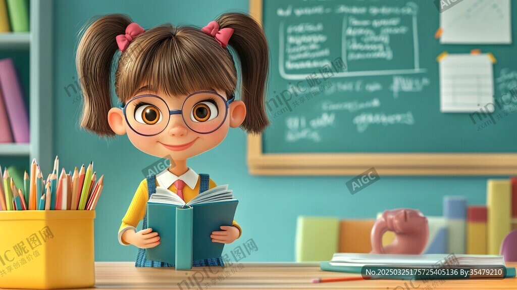可愛女孩教室專注讀書