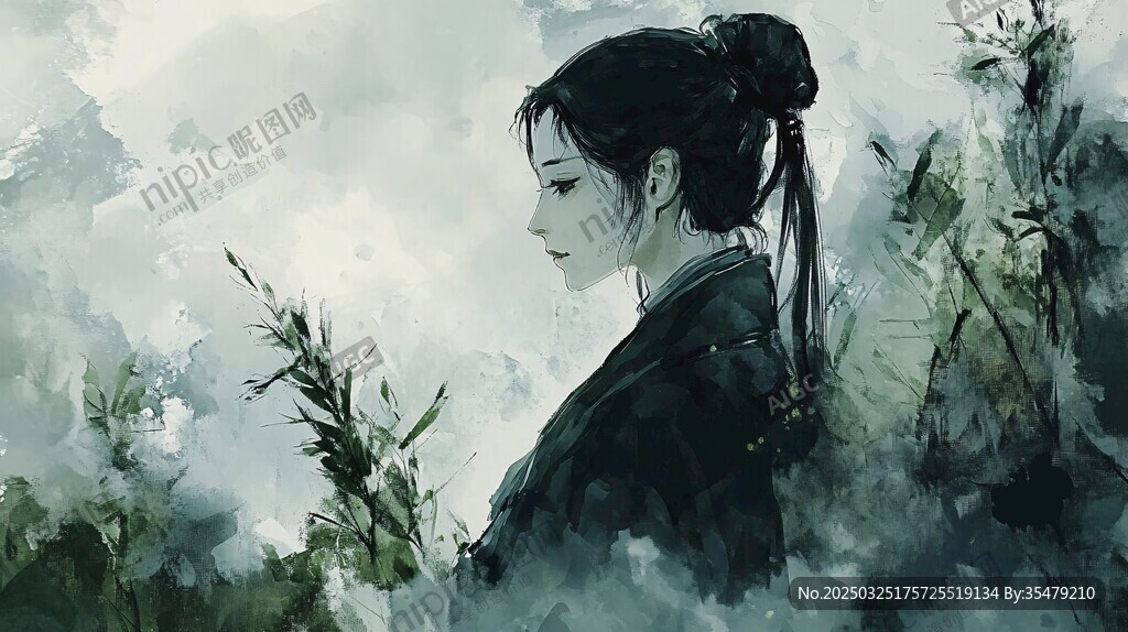 水墨古風女子側影意境圖