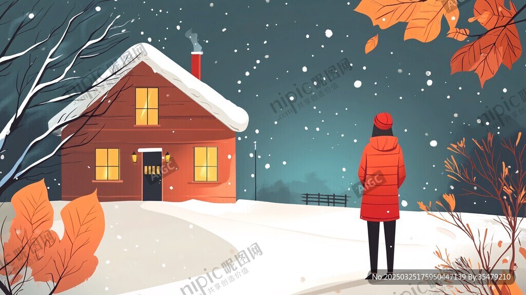 雪夜中紅衣人眺望小屋