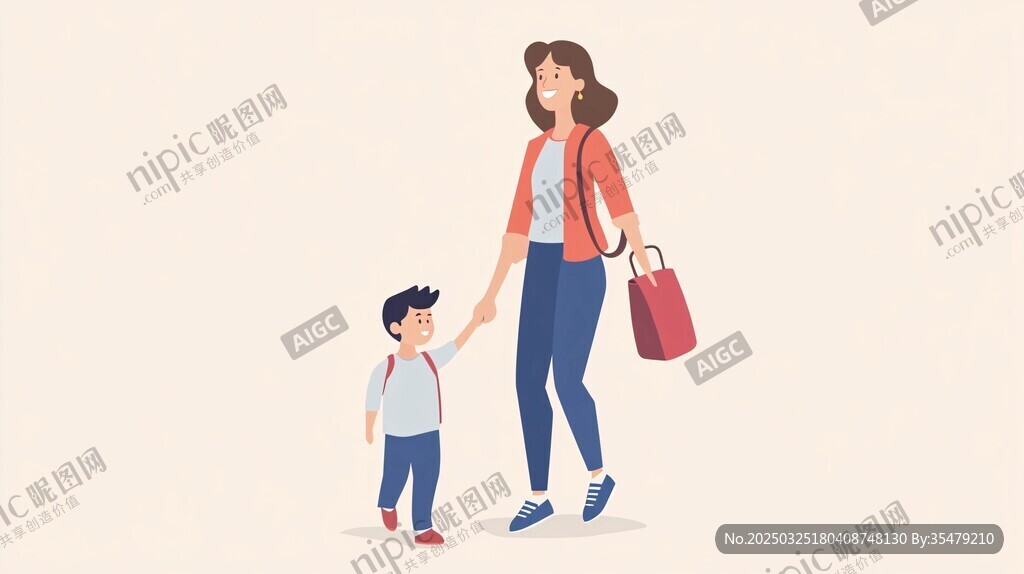 母親牽孩子溫馨出行場景