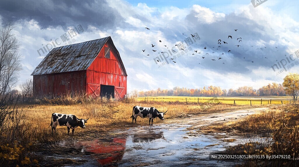 秋日紅 barn 下的牧牛景象