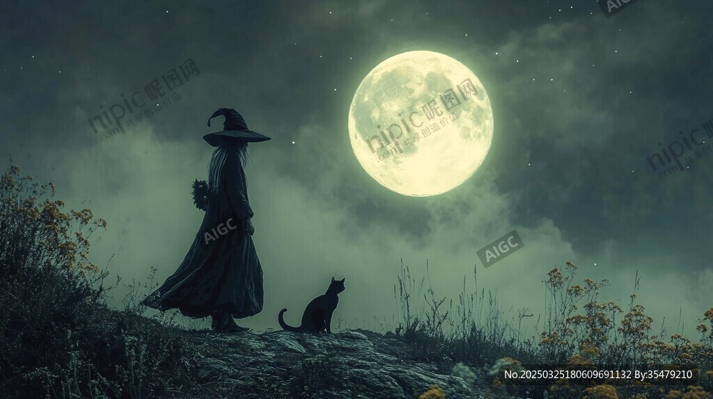 月夜下的女巫與黑貓