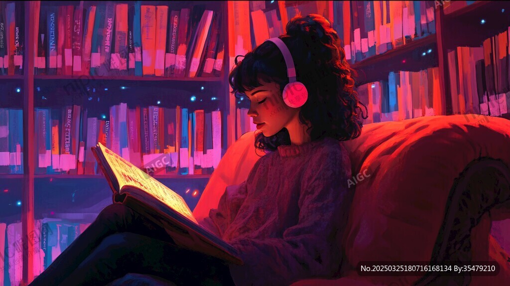 少女于夢(mèng)幻書房愜意閱讀