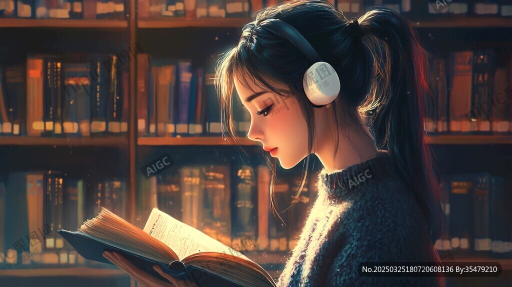 女孩于圖書館中專注閱讀