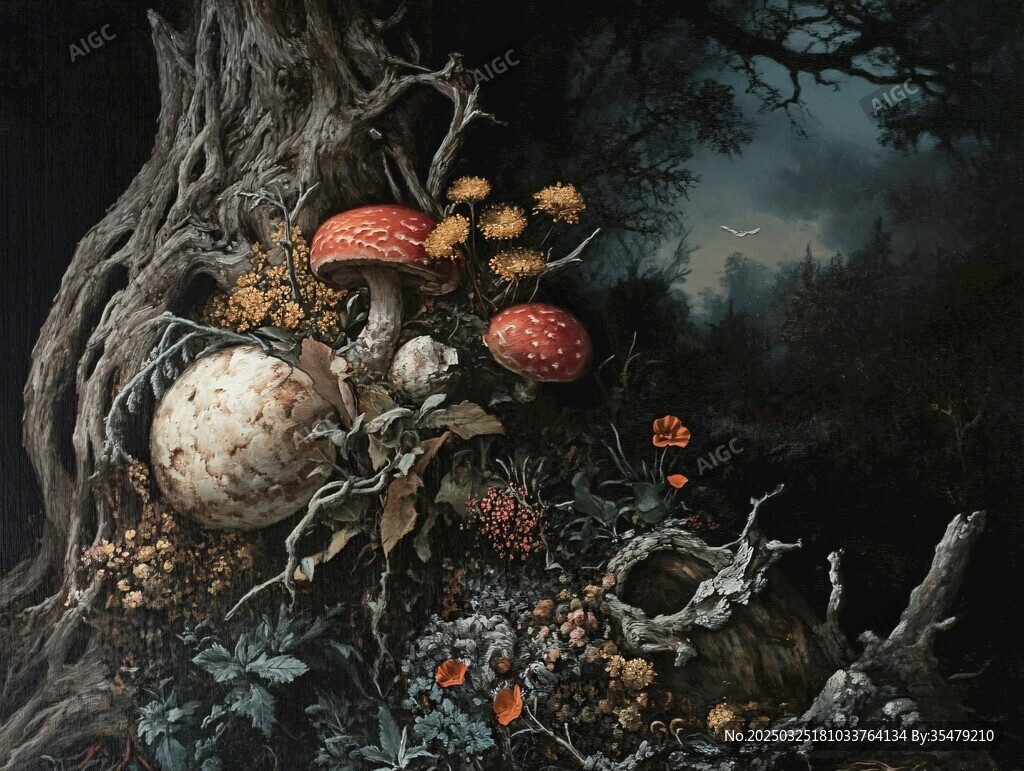 森林中奇幻的蘑菇與枯樹(shù)景觀