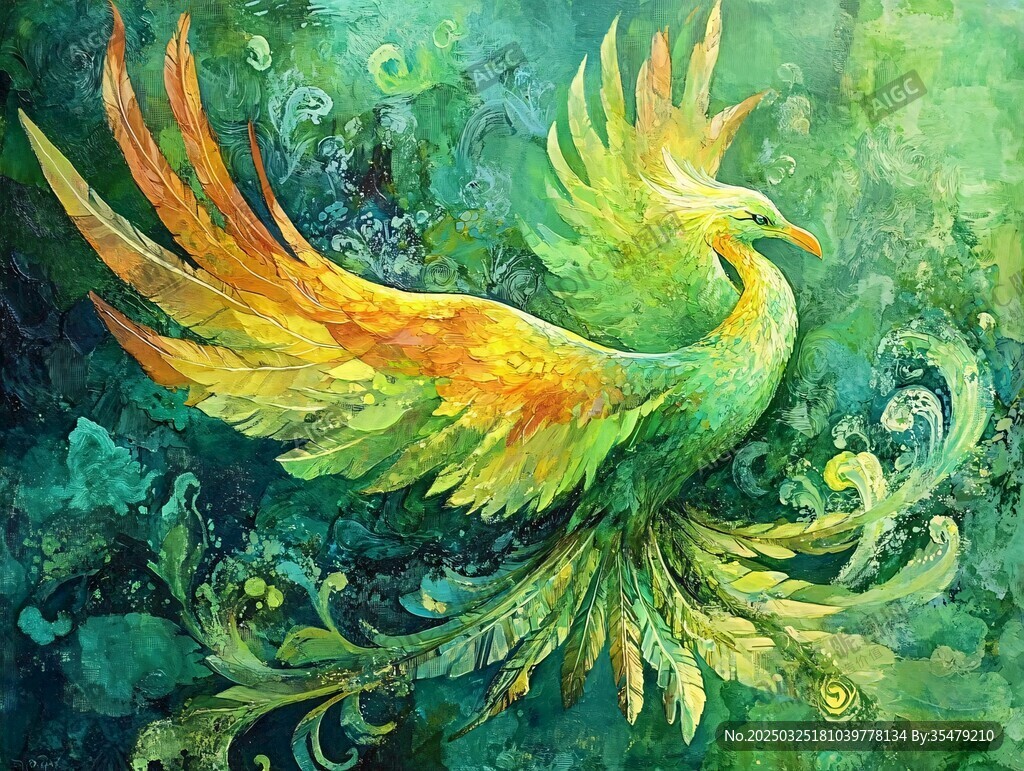 夢(mèng)幻綠羽鳳凰奇幻插畫(huà)