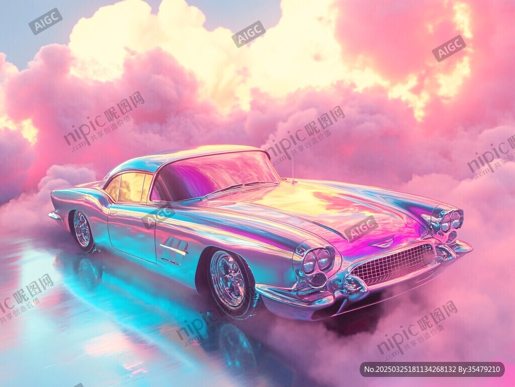 夢幻云端的炫彩復古跑車