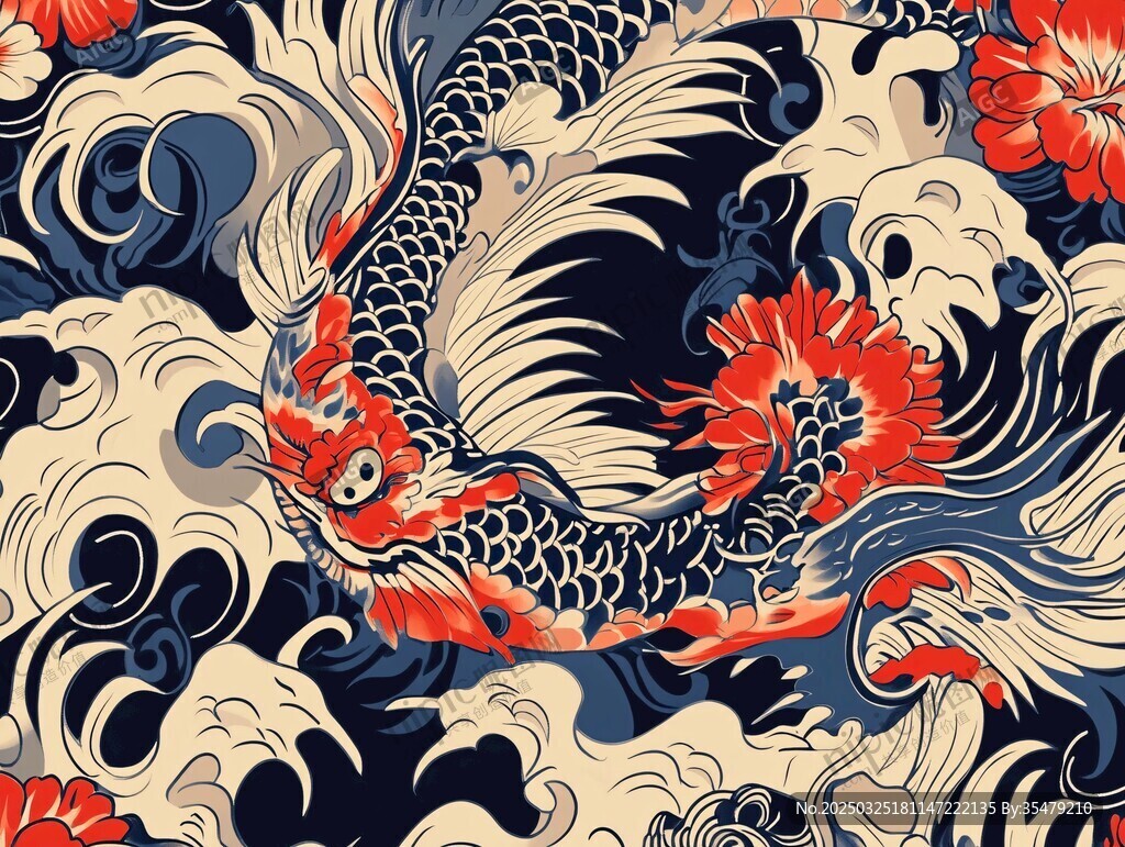 日式錦鯉海浪花卉紋樣