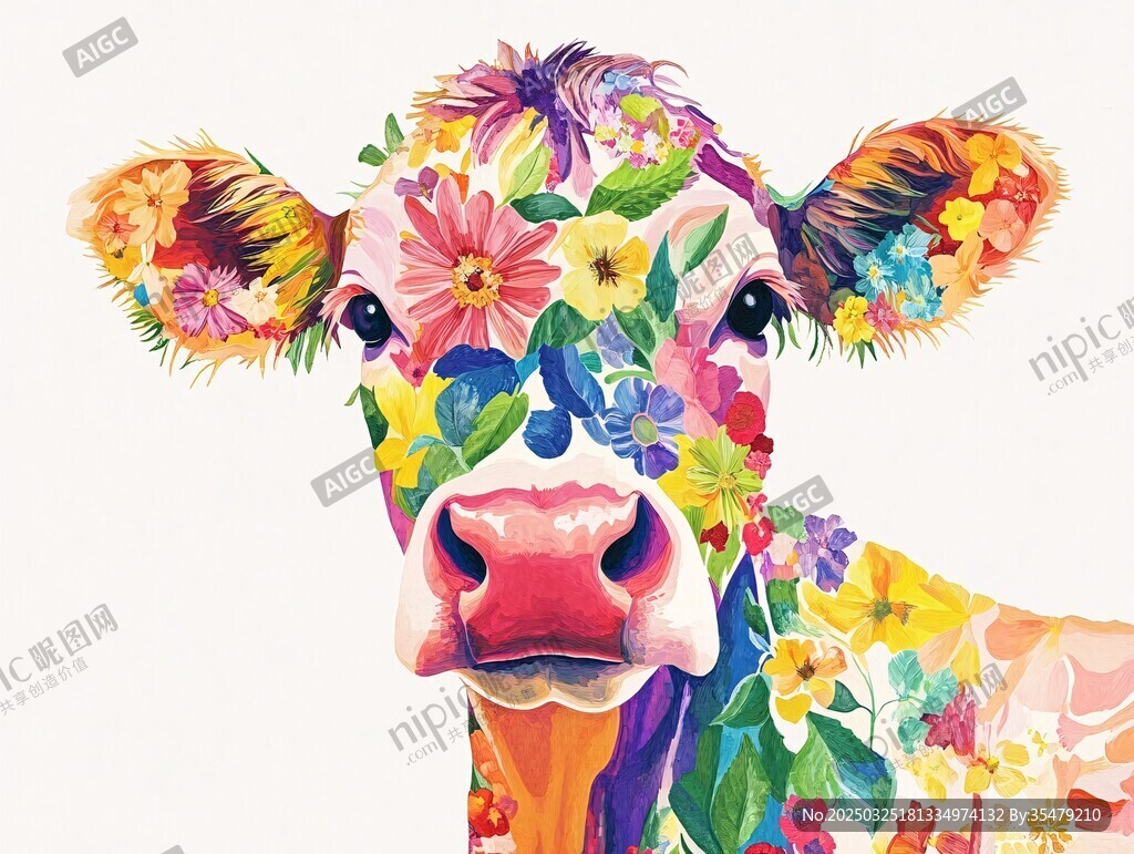 花飾彩牛頭像插畫