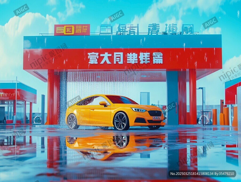 黃色轎車于加油站前場景