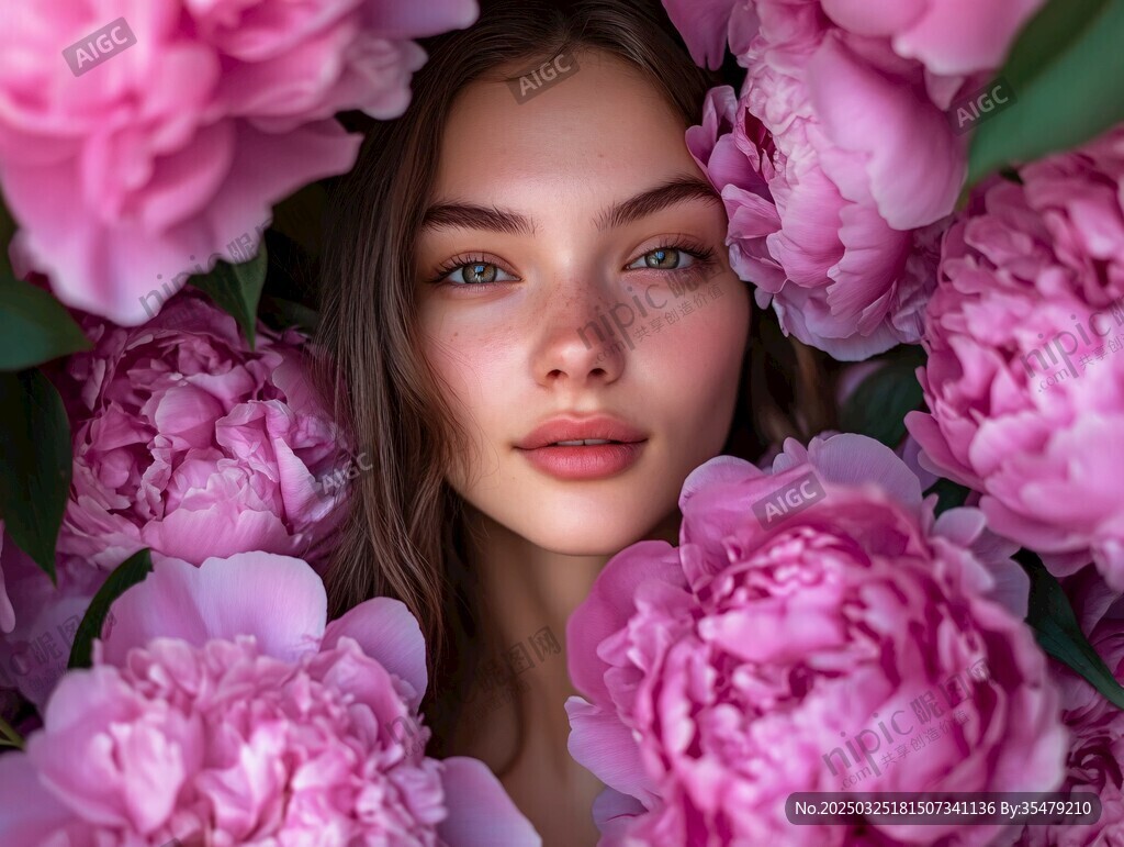 花中佳人 粉牡丹簇擁的美女