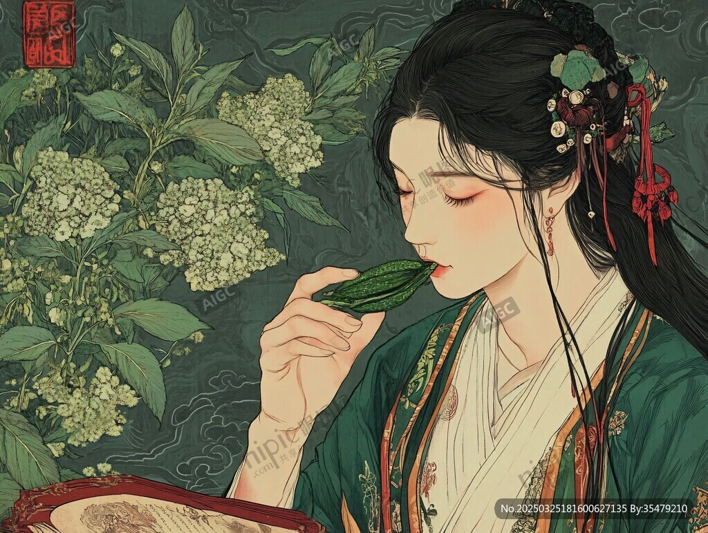 古風女子輕嗅綠葉