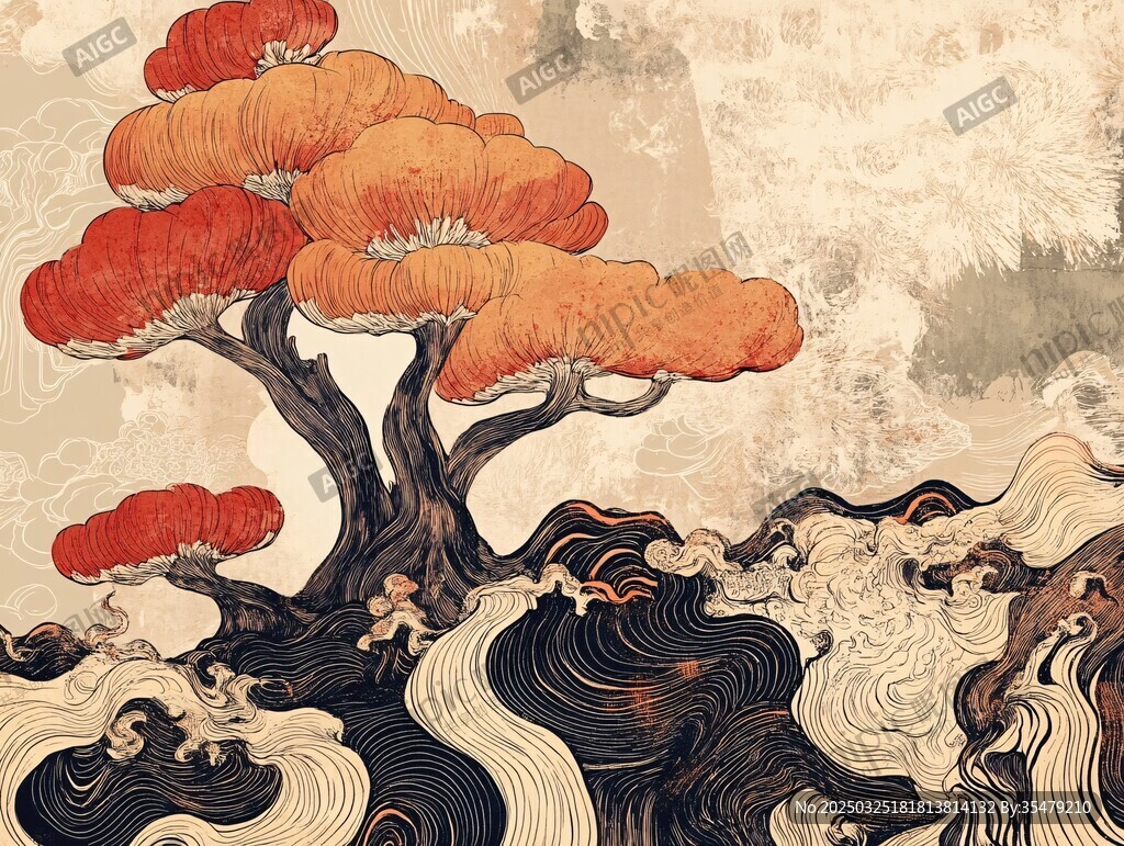 古風(fēng)紅樹與翻涌海浪圖