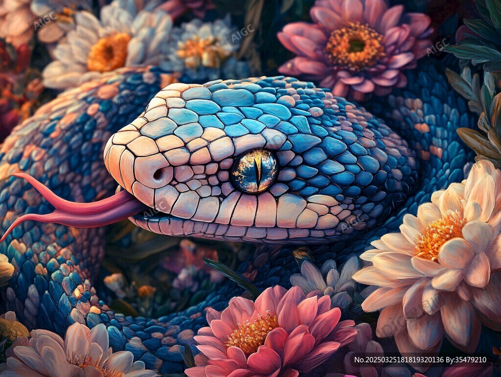 花叢中的奇幻斑斕蛇