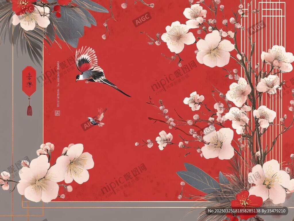 中式花鳥喜慶紅色背景圖