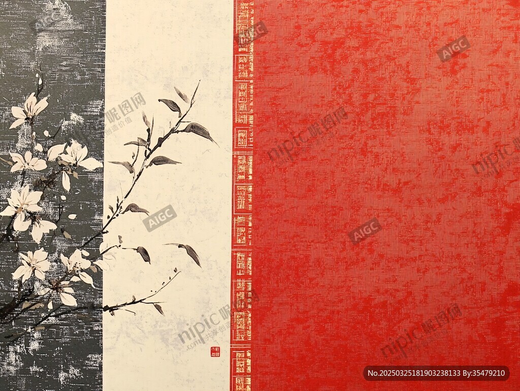 中式花鳥紅底紋理背景圖