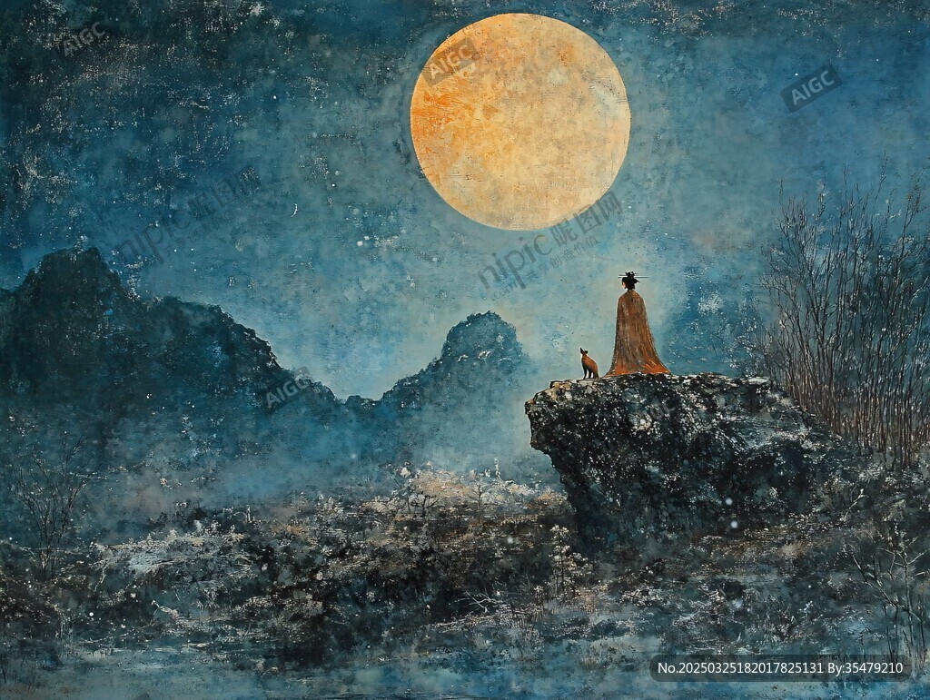月夜獨倚巖 人與貓共賞
