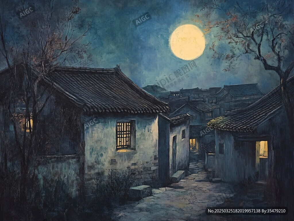 月夜下的靜謐古樸小村莊