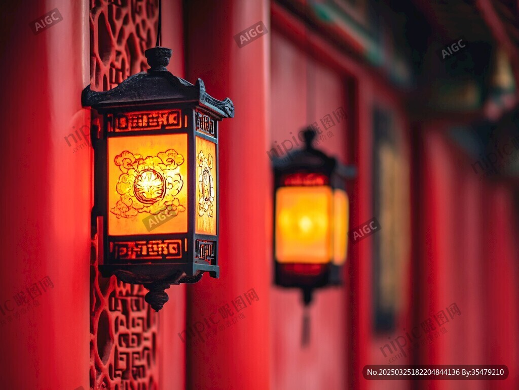 中式紅燈籠點(diǎn)亮紅墻