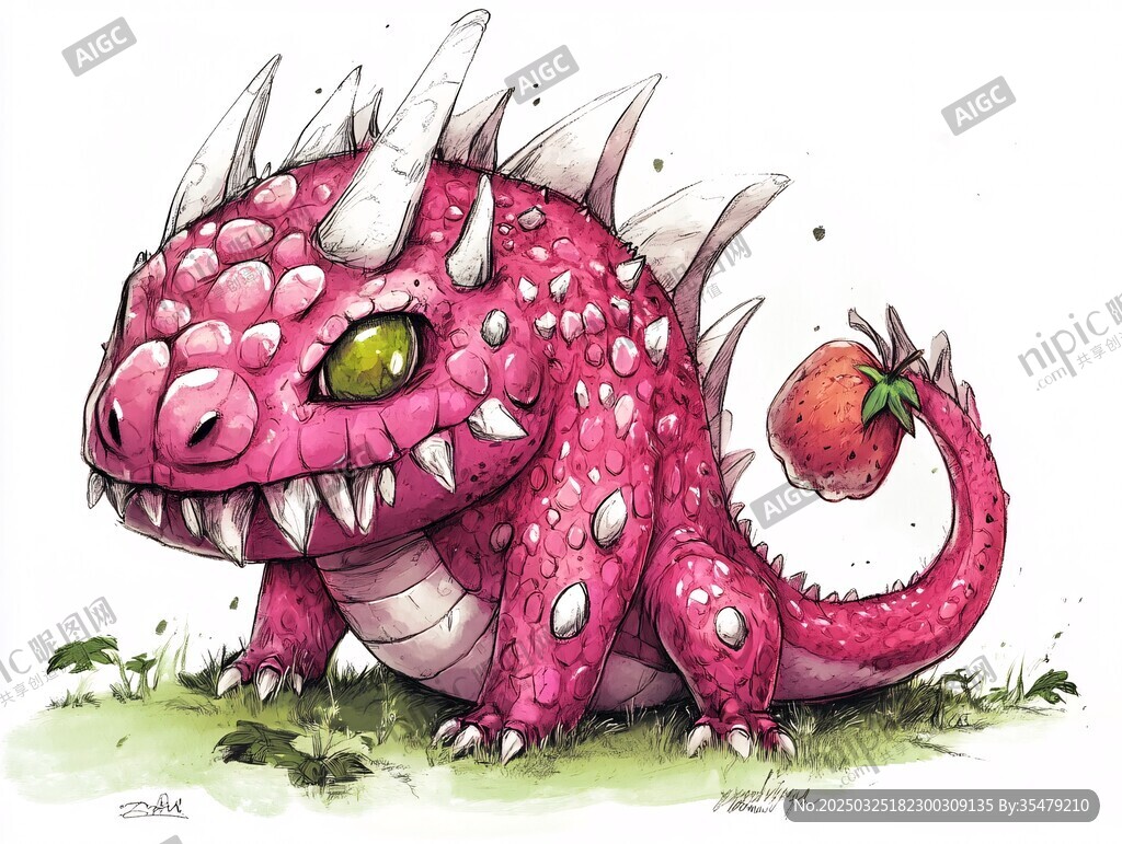 可愛粉色小龍帶草莓尾巴