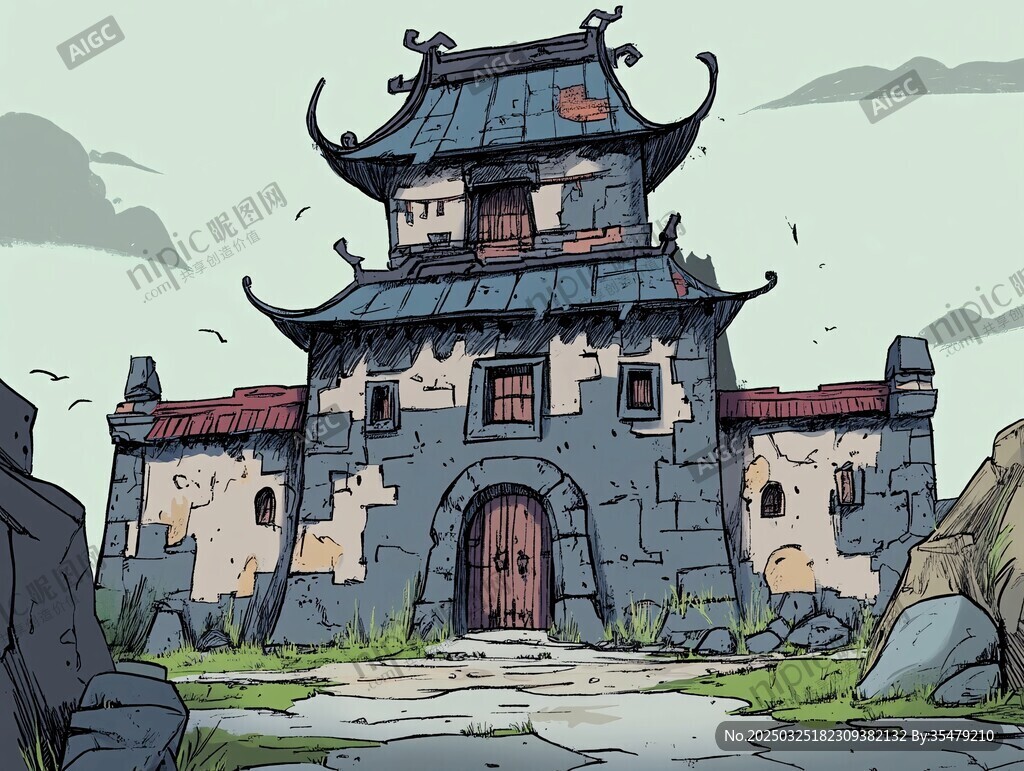 古風(fēng)殘舊中式樓閣建筑