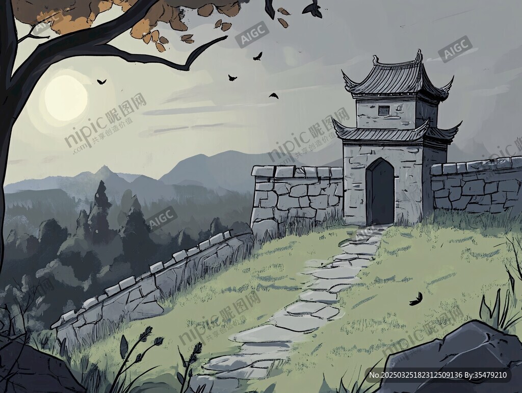 古風(fēng)月夜下的靜謐城樓